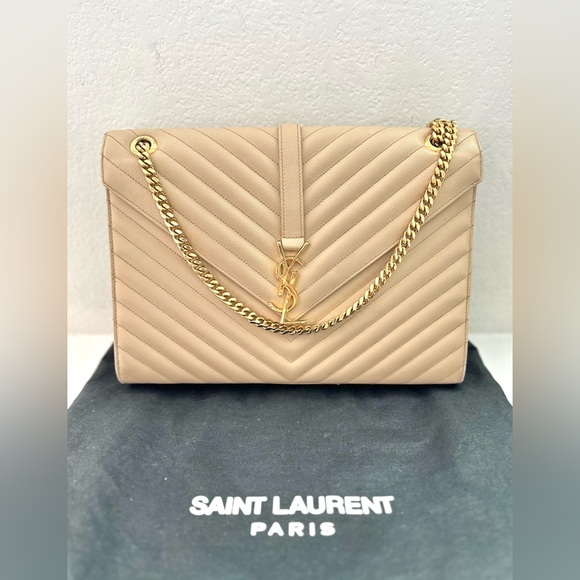 Auth SAINT LAURENT Grain De Poudre Matelasse Chevron Large Monogram Satchel Bag - Picture 13 of 16